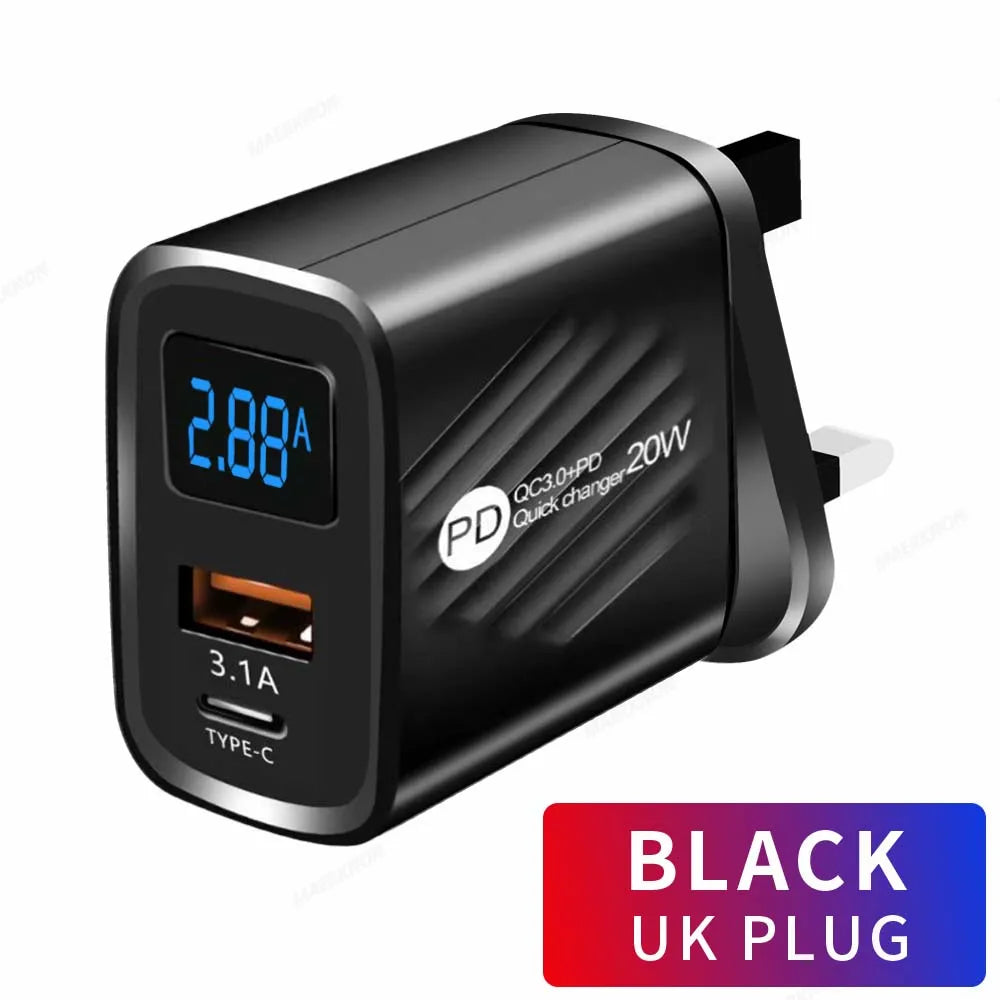 20W USB-C Fast Charger with Digital Display for iPhone, Samsung, Xiaomi, and Huawei.